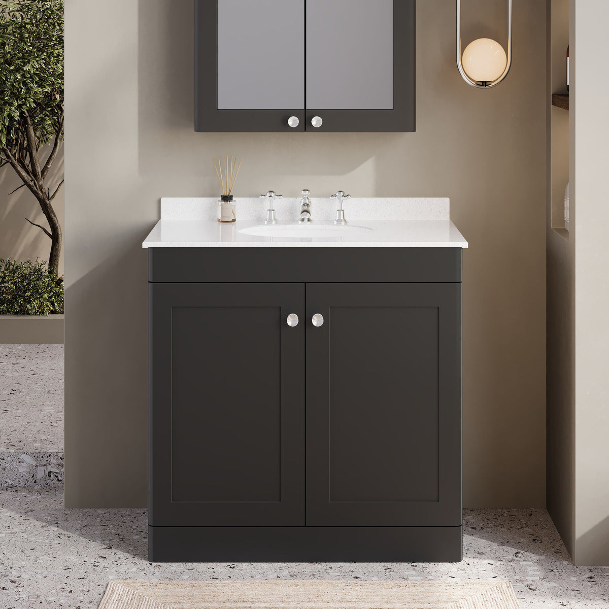 Modern Splash 800mm Soft Black 2 Door Floor Standing Vanity Unit With 3 Tap Hole Marble Basin