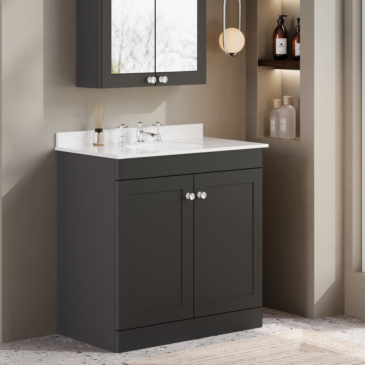 Modern Splash 800mm Soft Black 2 Door Floor Standing Vanity Unit With 3 Tap Hole Marble Basin