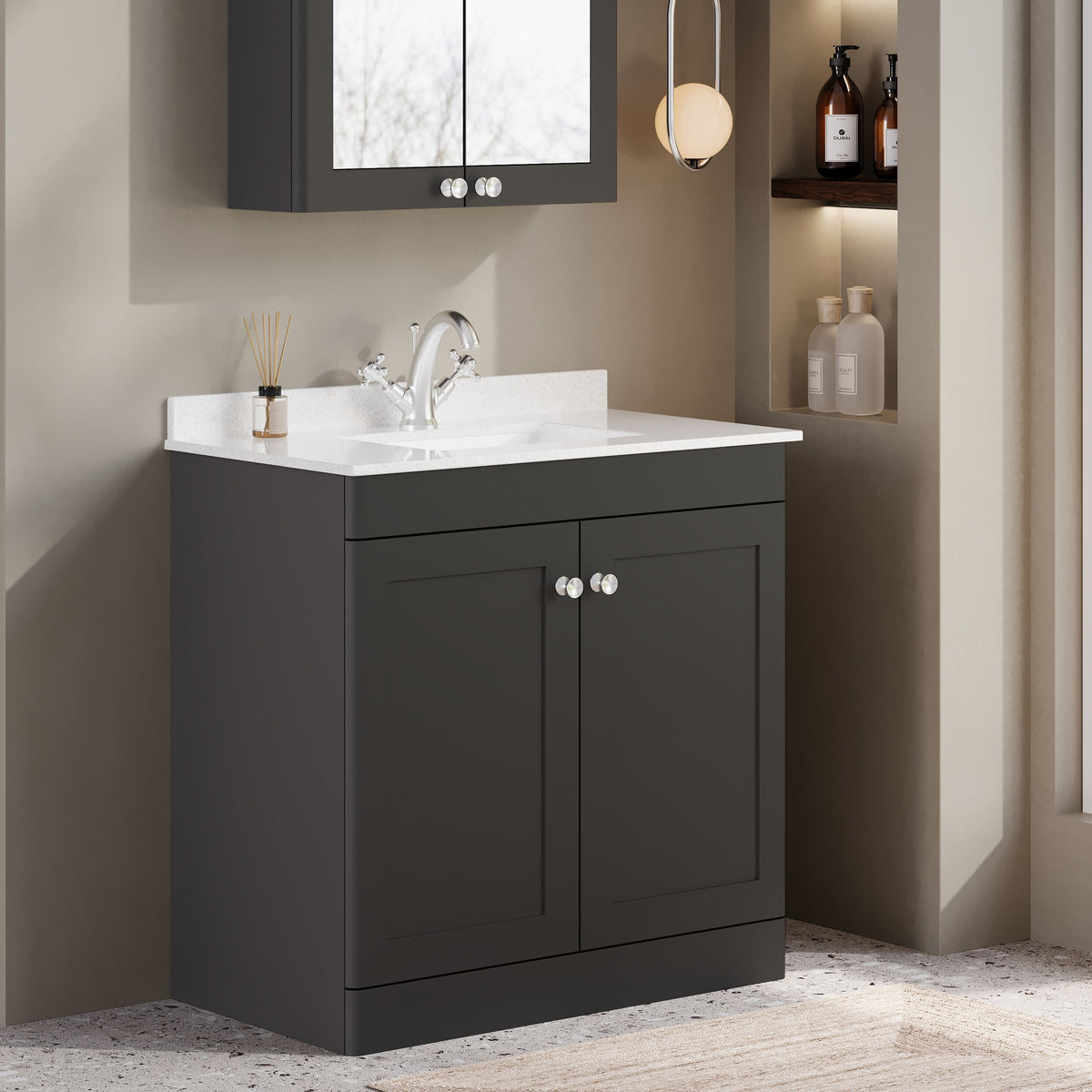Modern Splash 800mm Soft Black 2 Door Floor Standing Vanity Unit With 1 Tap Hole Marble Basin