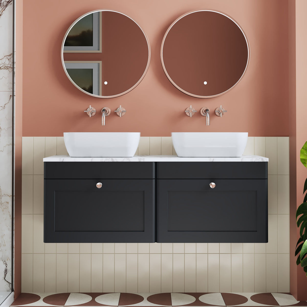 Modern Splash 1200mm Soft Black 2 Drawer Wall Hung Vanity With Carrara Marble Worktop Marble