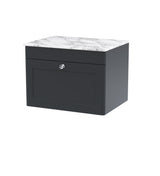 Modern Splash 600mm Soft Black 1 Drawer Wall Hung Soft Black Vanity Unit With Carrara Marble Worktop