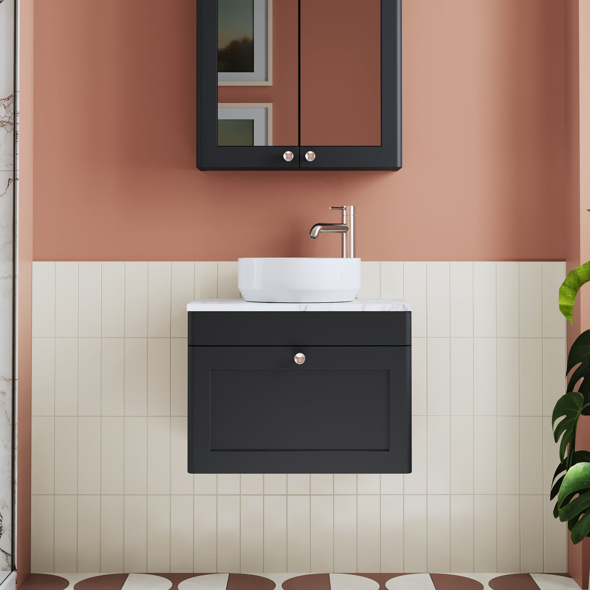 Modern Splash 600mm Soft Black 1 Drawer Wall Hung Soft Black Vanity Unit With Carrara Marble Worktop