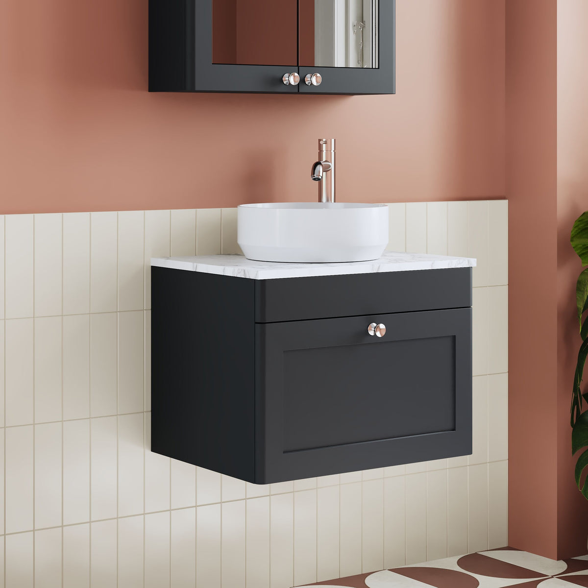 Modern Splash 600mm Soft Black 1 Drawer Wall Hung Soft Black Vanity Unit With Carrara Marble Worktop