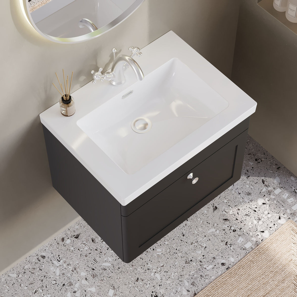 Modern Splash 600mm Soft Black 1 Drawer Wall Hung Vanity Unit With 1 Tap Hole Basin