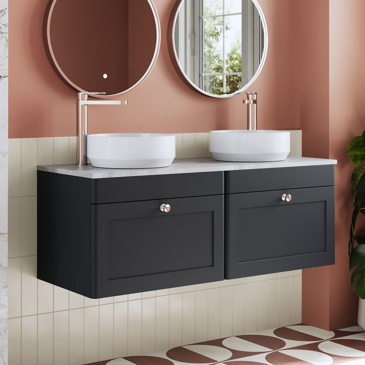 Modern Splash 1200mm Soft Black 2 Drawer Wall Hung Vanity With Grey Marble Worktop