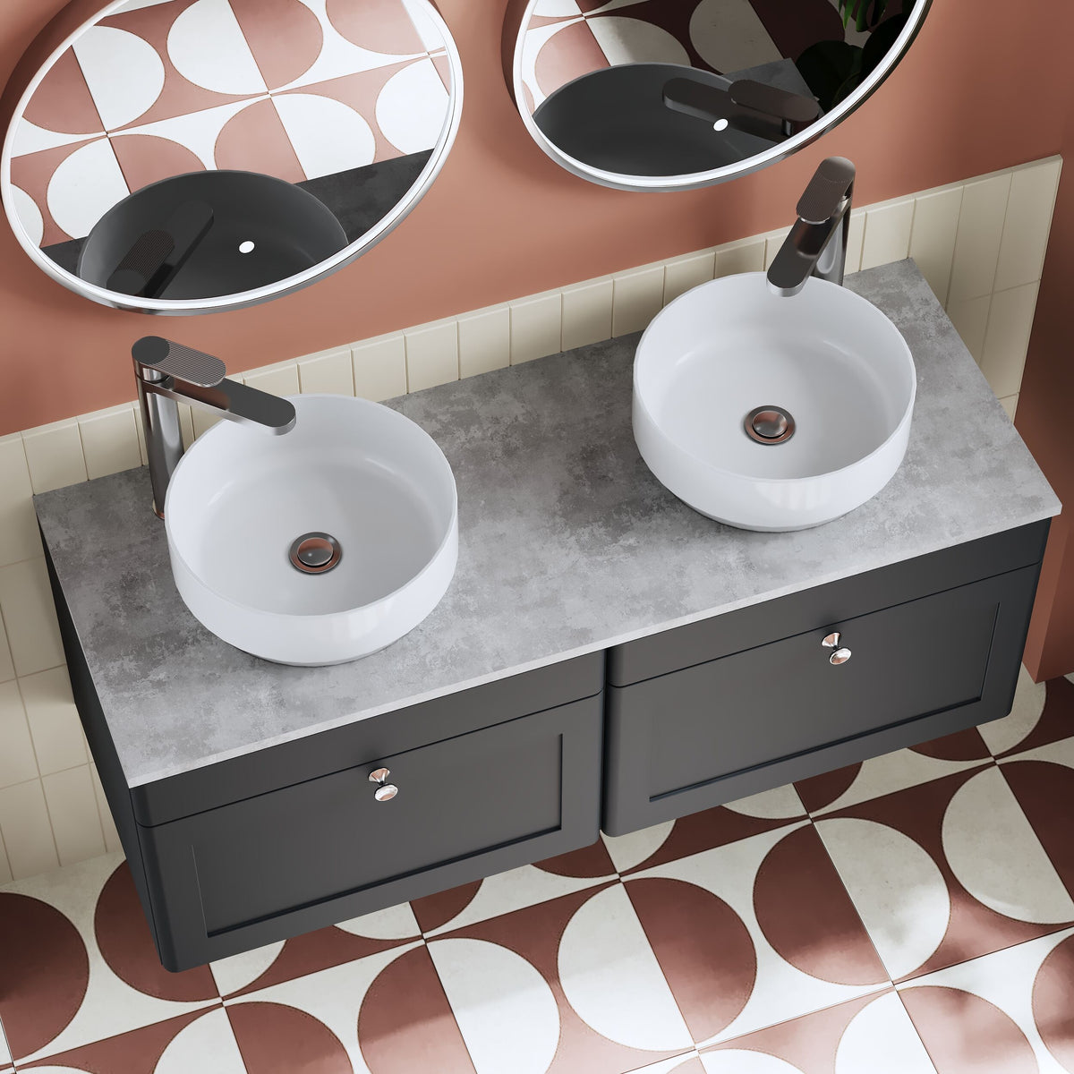 Modern Splash 1200mm Soft Black 2 Drawer Wall Hung Vanity With Grey Marble Worktop