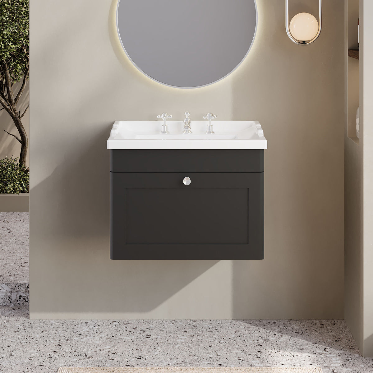 Modern Splash 600mm Soft Black 1 Drawer Wall Hung Vanity Unit With 3 Tap Hole Basin