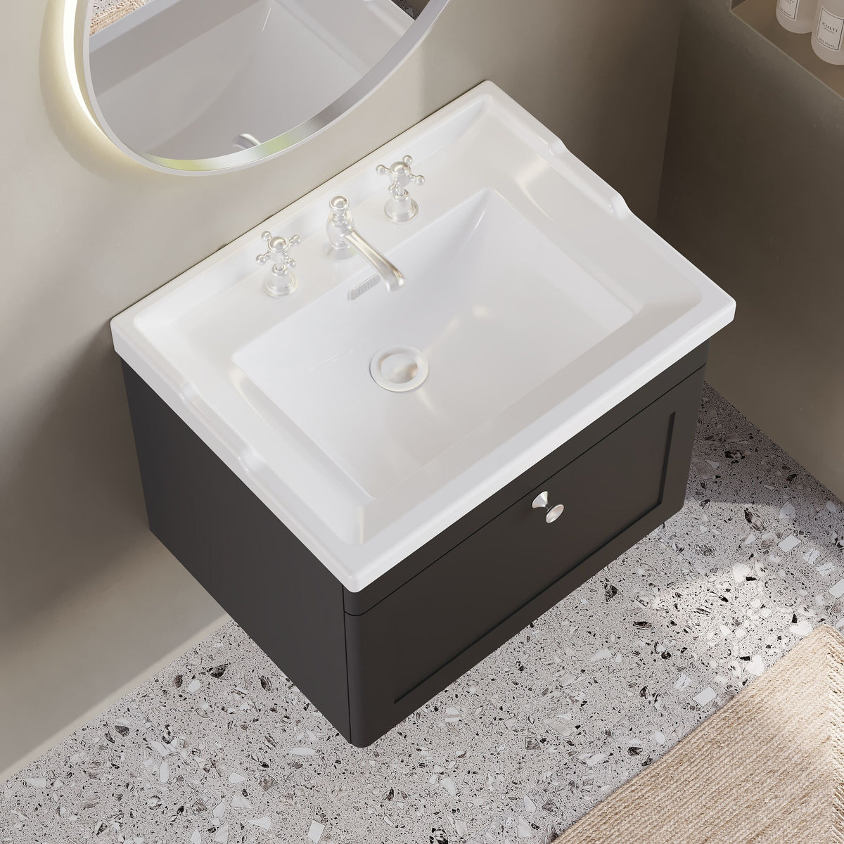 Modern Splash 600mm Soft Black 1 Drawer Wall Hung Vanity Unit With 3 Tap Hole Basin