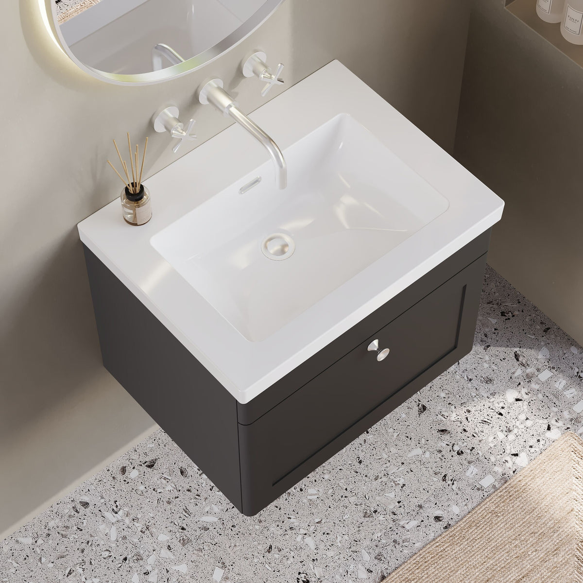 Modern Splash 600mm Soft Black 1 Drawer Wall Hung Vanity Unit With Fireclay Basin