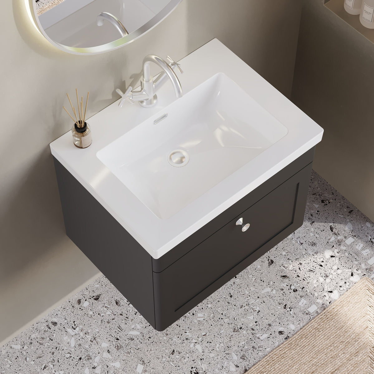 Modern Splash 600mm Soft Black 1 Drawer Wall Hung Vanity Unit With 1 Tap Hole Fireclay Basin