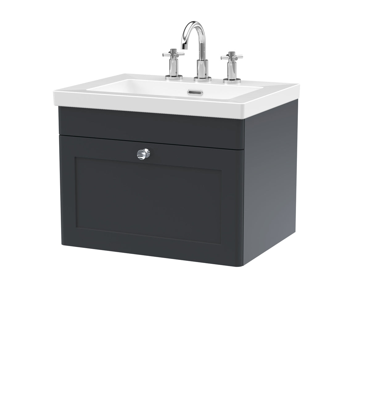 Modern Splash 600mm Soft Black 1 Drawer Wall Hung Vanity Unit With 3 Tap Hole Fireclay Basin
