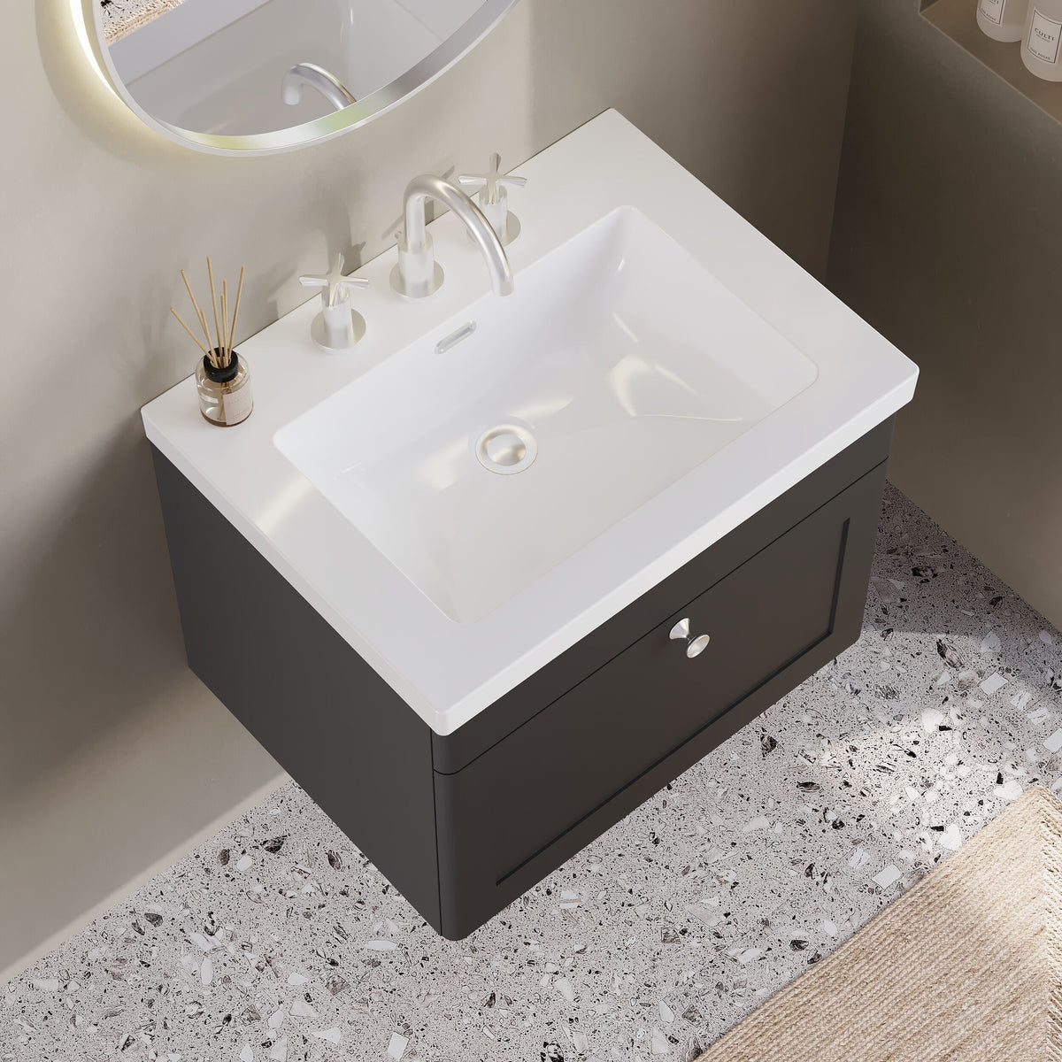 Modern Splash 600mm Soft Black 1 Drawer Wall Hung Vanity Unit With 3 Tap Hole Fireclay Basin