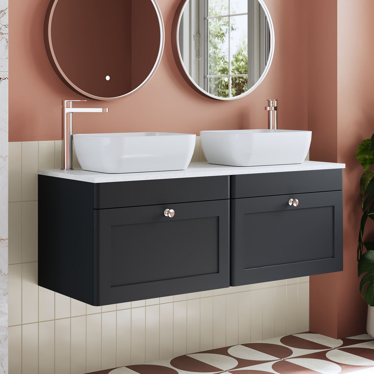 Modern Splash 1200mm Soft Black 2 Drawer Wall Hung Vanity With White Marble Worktop
