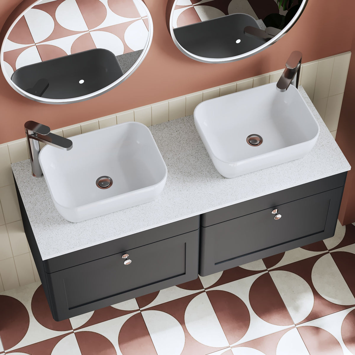 Modern Splash 1200mm Soft Black 2 Drawer Wall Hung Vanity With White Marble Worktop