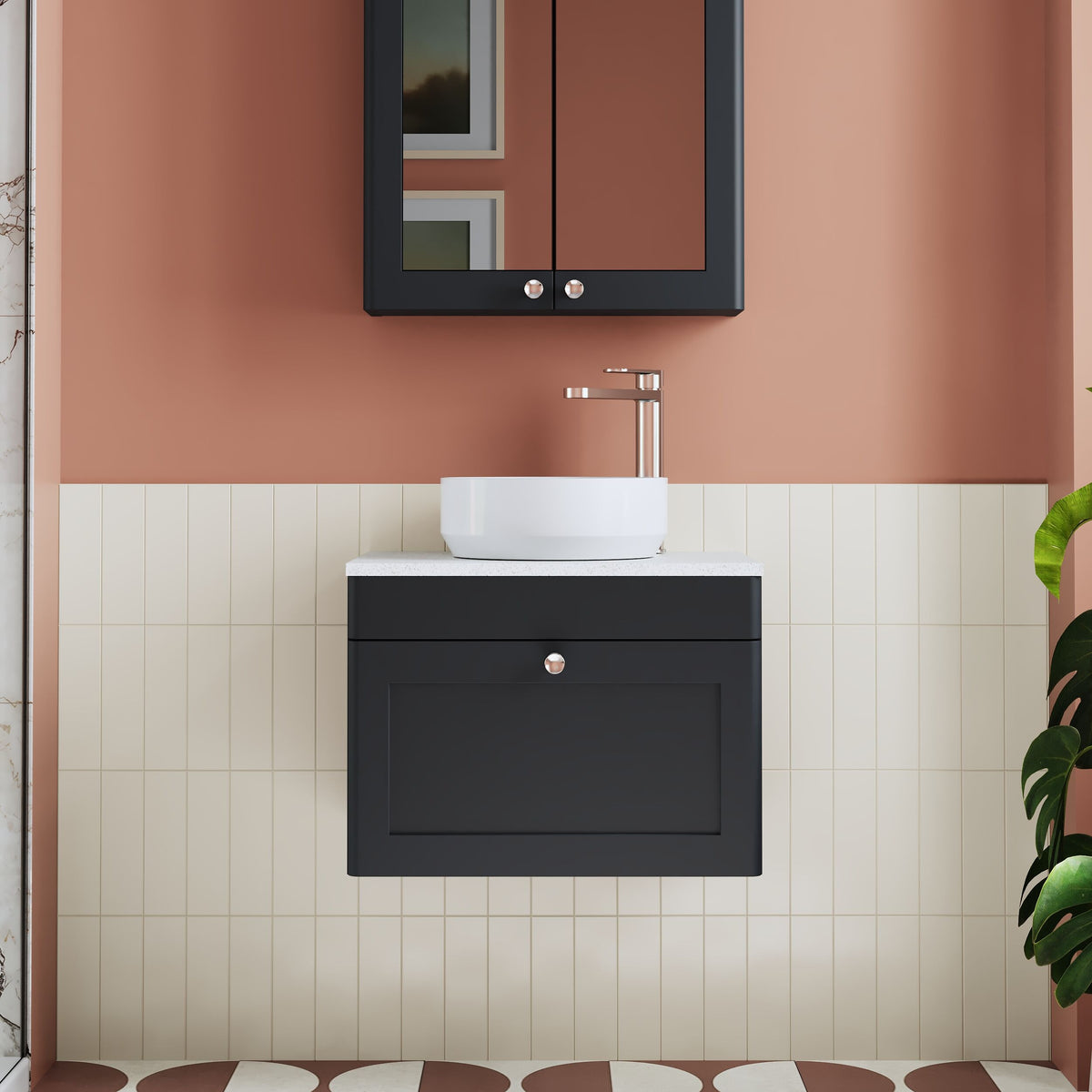 Modern Splash 600mm Soft Black 1 Drawer Wall Hung Vanity Unit With White Marble Worktop