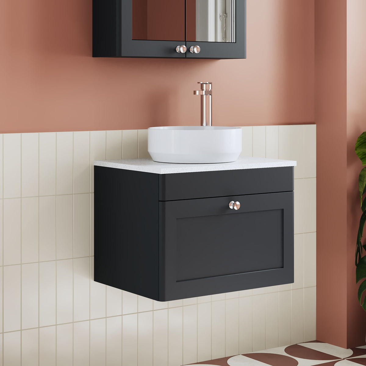 Modern Splash 600mm Soft Black 1 Drawer Wall Hung Vanity Unit With White Marble Worktop