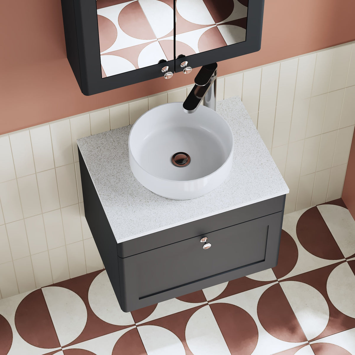 Modern Splash 600mm Soft Black 1 Drawer Wall Hung Vanity Unit With White Marble Worktop