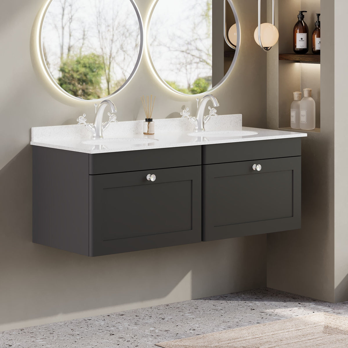 Modern Splash 1200mm Soft Black 2 Drawer Wall Hung Vanity Unit With 2 Tap Hole Marble Basin