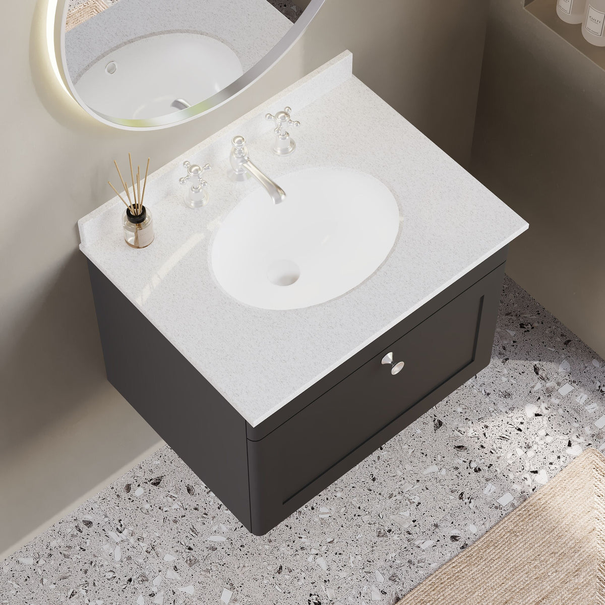 Modern Splash 600mm Soft Black 1 Drawer Wall Hung Vanity Unit With 3 Tap Hole Marble Basin