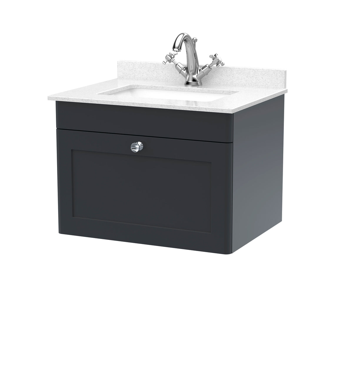 Modern Splash 600mm Soft Black 1 Drawer Wall Hung Vanity Unit With 1 Tap Hole Marble Basin
