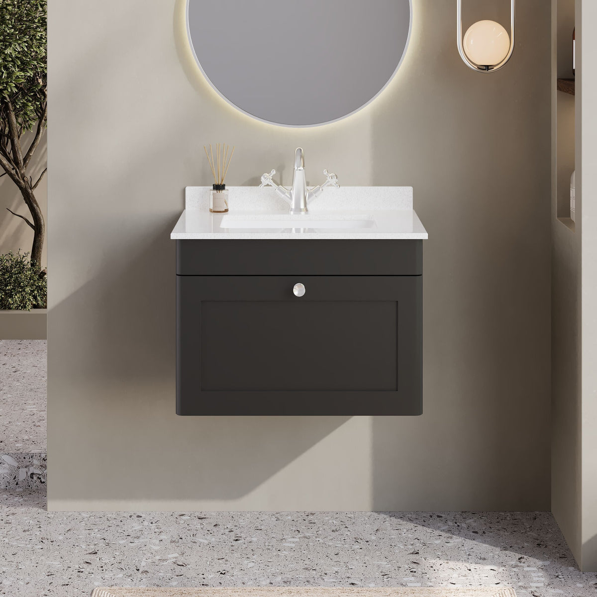 Modern Splash 600mm Soft Black 1 Drawer Wall Hung Vanity Unit With 1 Tap Hole Marble Basin