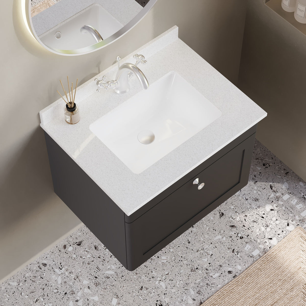 Modern Splash 600mm Soft Black 1 Drawer Wall Hung Vanity Unit With 1 Tap Hole Marble Basin