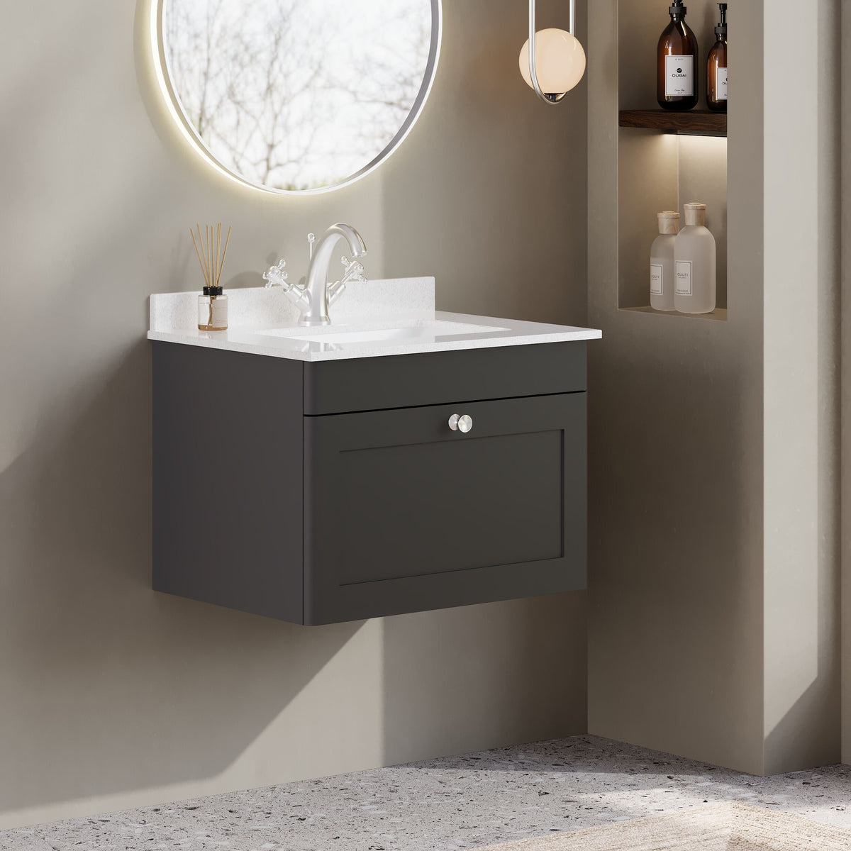 Modern Splash 600mm Soft Black 1 Drawer Wall Hung Vanity Unit With 1 Tap Hole Marble Basin