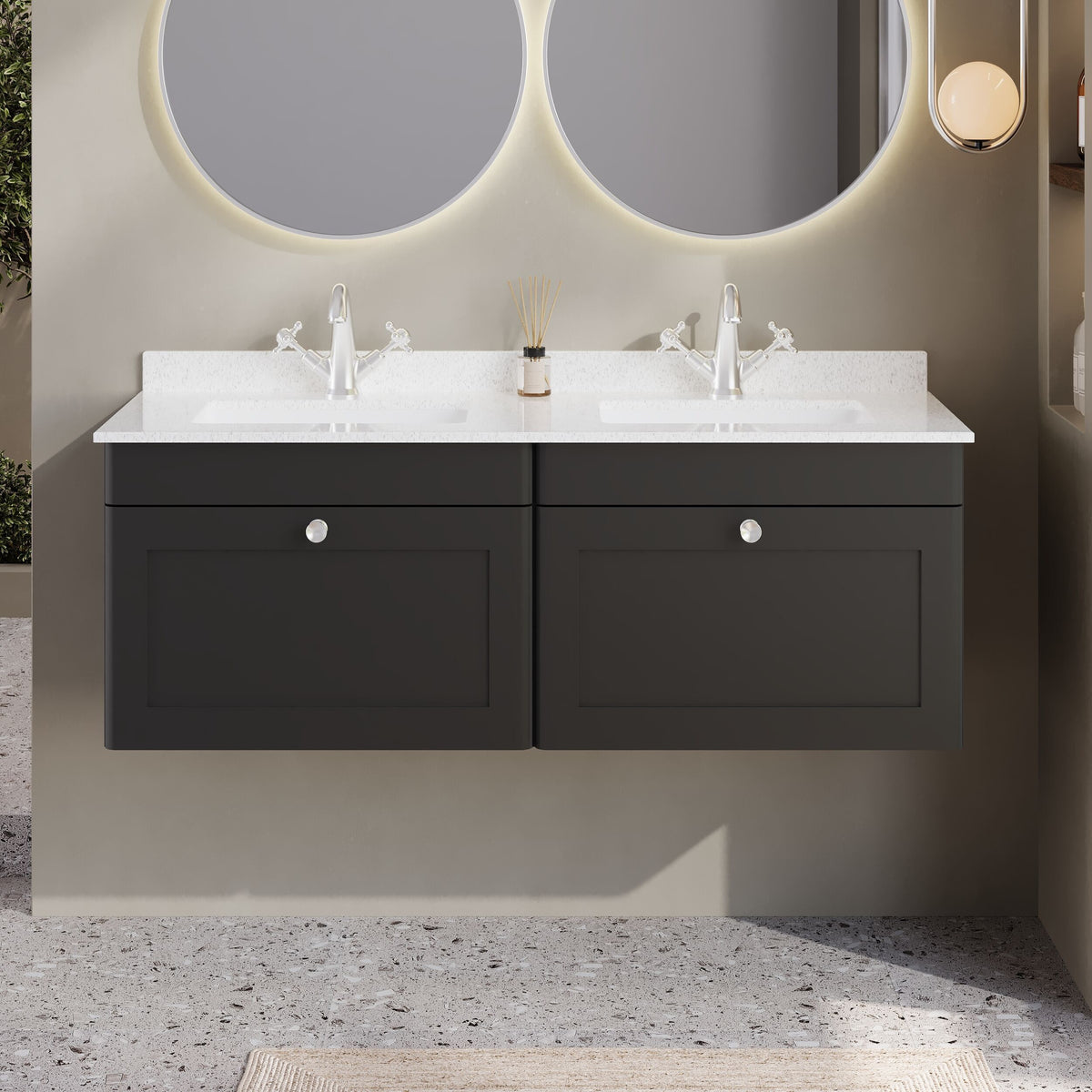 Modern Splash 1200mm Soft Black 2 Drawer Wall Hung Vanity With Twin Marble Basin