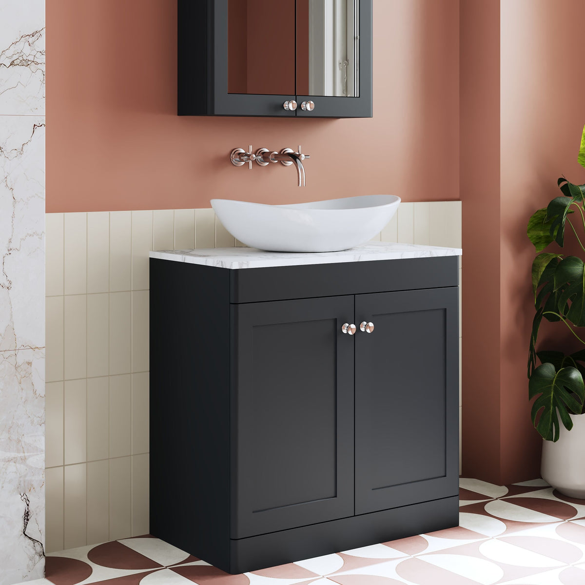 Modern Splash 800mm Soft Black 1 Drawer Wall Hung Vanity With Carrara Marble Worktop
