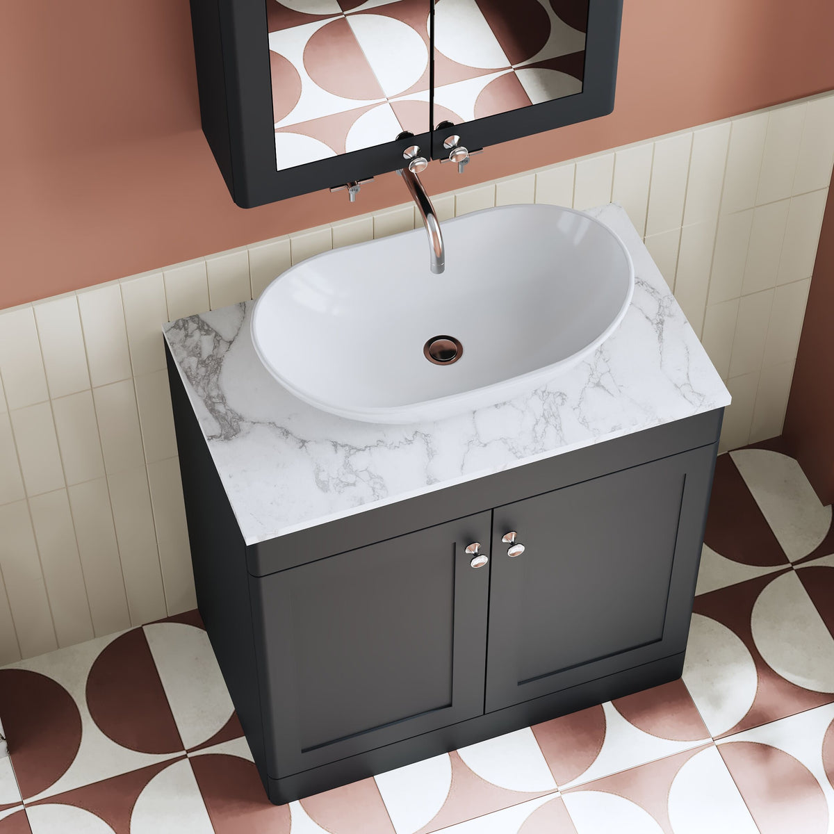 Modern Splash 800mm Soft Black 1 Drawer Wall Hung Vanity With Carrara Marble Worktop