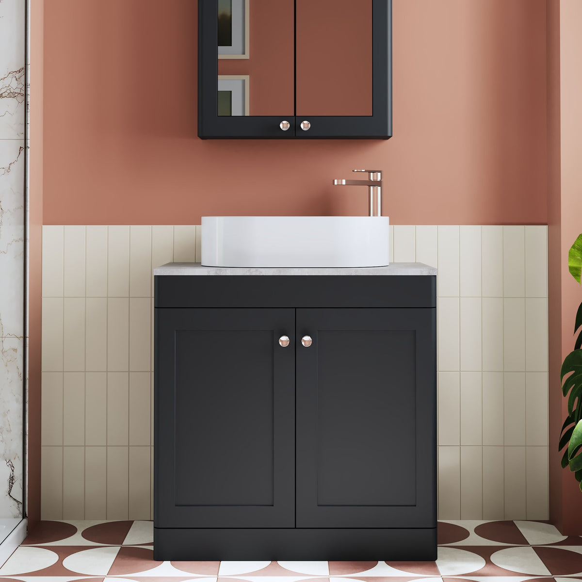 Modern Splash 800mm Soft Black 1 Drawer Wall Hung Vanity With Grey Marble Worktop