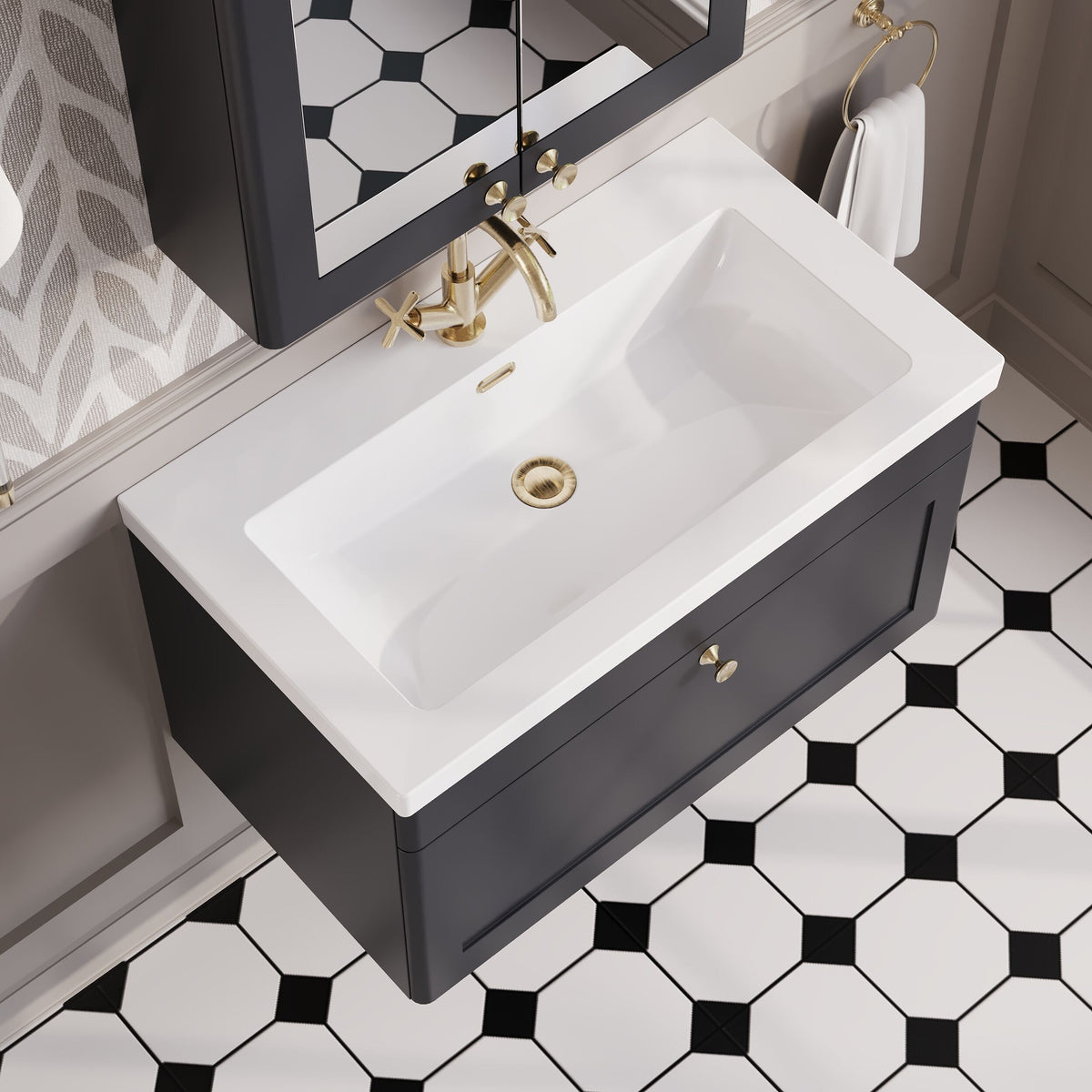 Modern Splash 800mm Soft Black 1 Drawer Wall Hung Vanity Unit With 1 Tap Hole Fireclay Basin