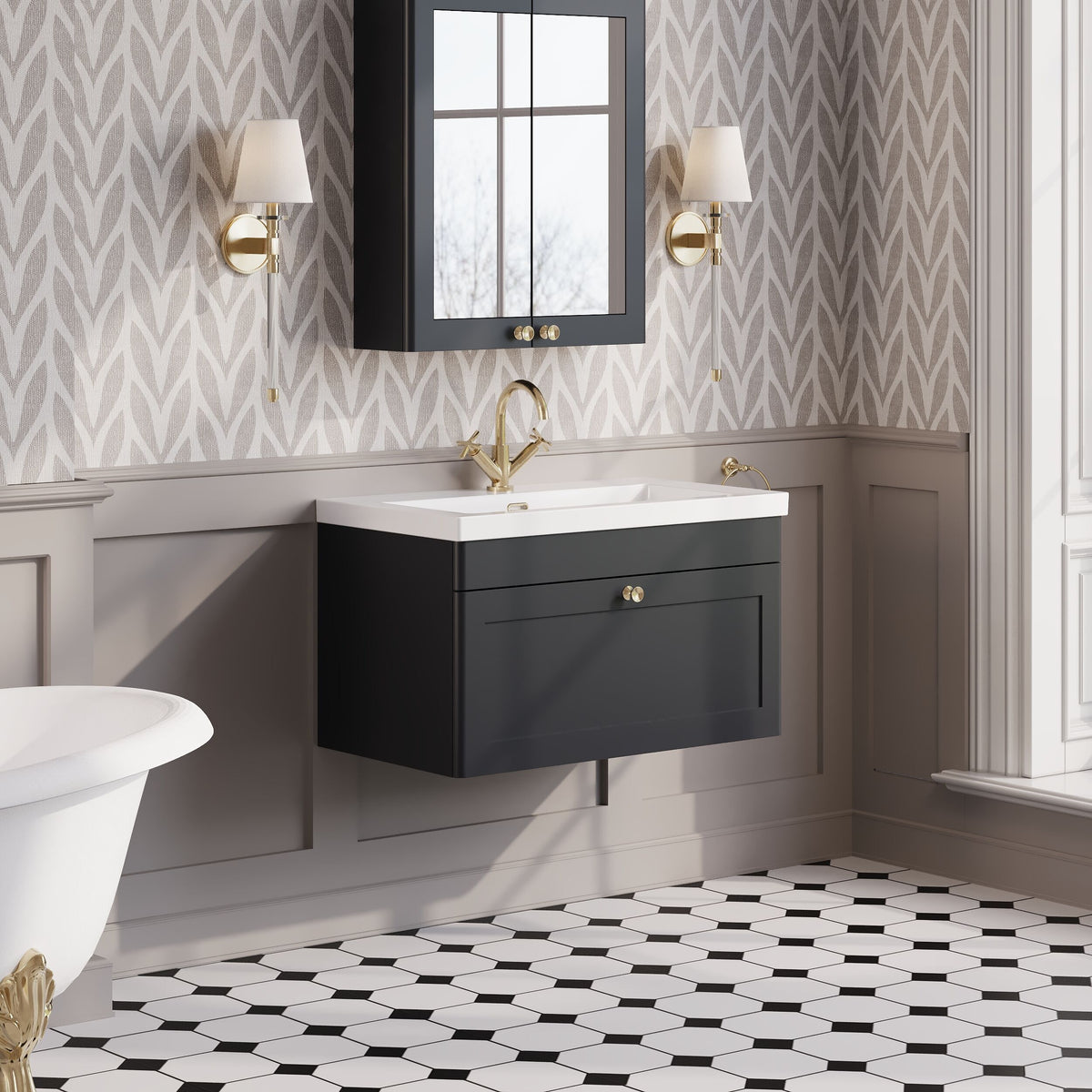 Modern Splash 800mm Soft Black 1 Drawer Wall Hung Vanity Unit With 1 Tap Hole Fireclay Basin