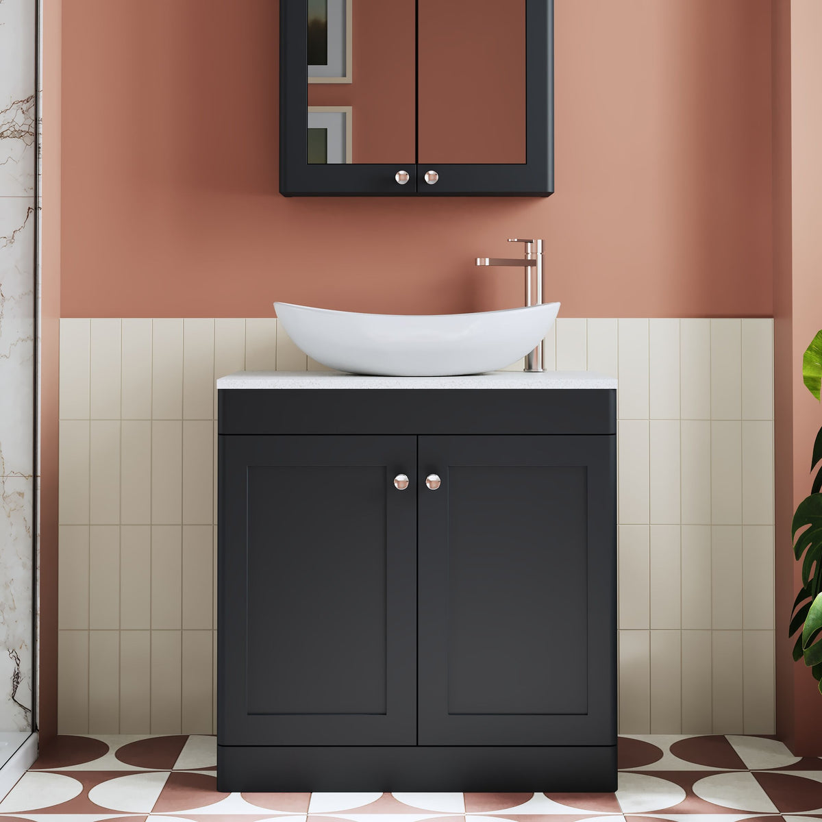 Modern Splash 800mm Soft Black 1 Drawer Wall Hung Vanity With White Marble Worktop