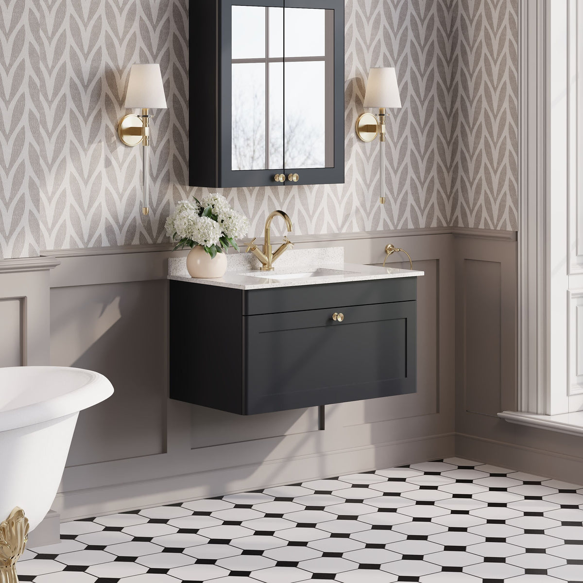 Modern Splash 800mm Soft Black 1 Drawer Wall Hung Vanity Unit With 1 Tap Hole Marble Basin