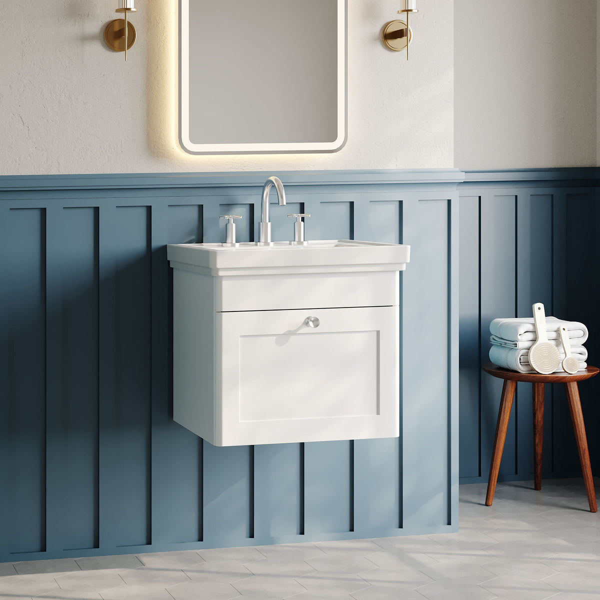 Modern Splash 500mm Satin White 1 Drawer Wall Hung Vanity Unit With 3 Tap Hole Basin