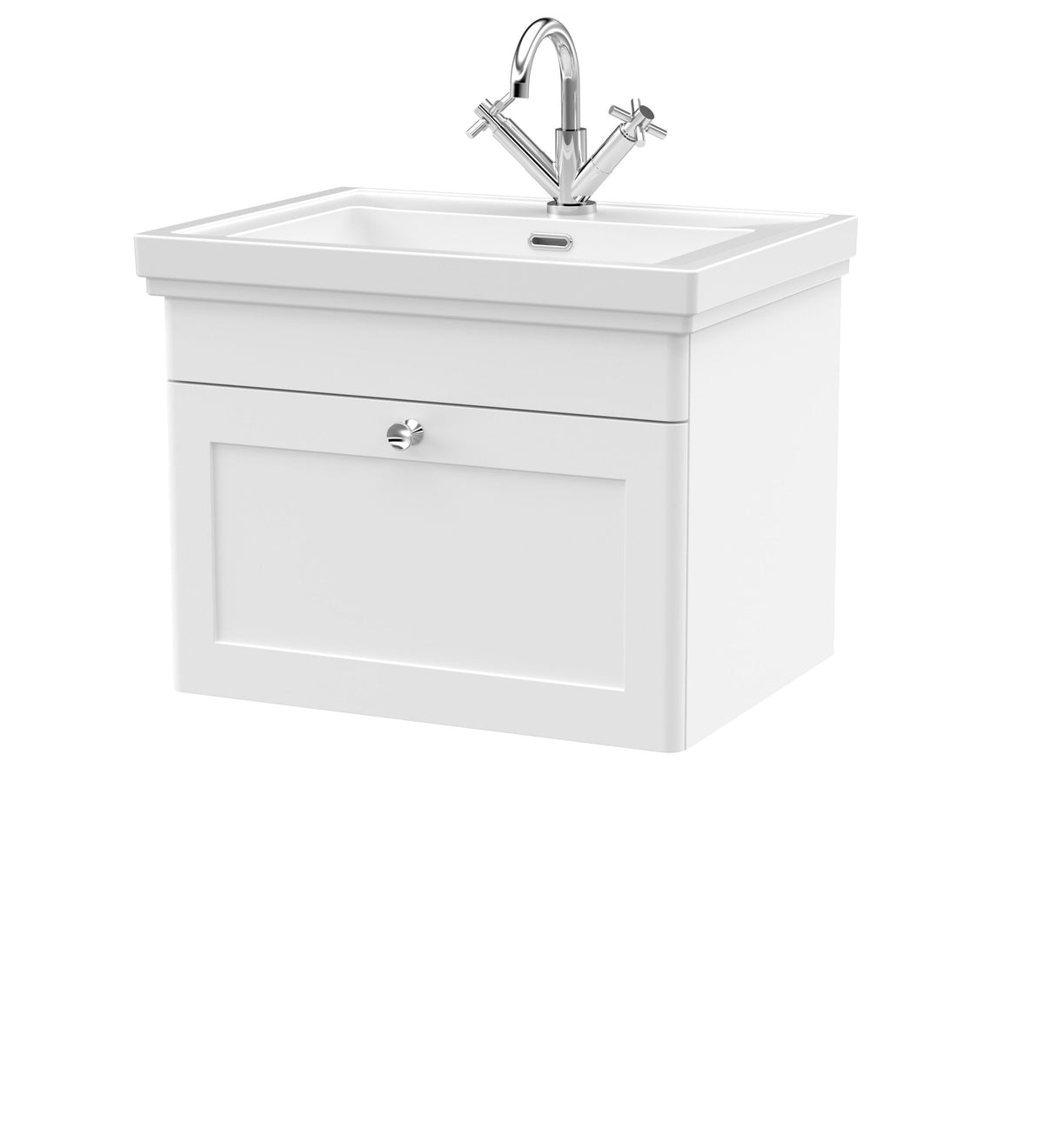 Modern Splash 600mm Satin White 1 Drawer Wall Hung Vanity Unit With 1 Tap Hole Basin With Ceramic Basin