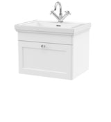 Modern Splash 600mm Satin White 1 Drawer Wall Hung Vanity Unit With 1 Tap Hole Basin With Ceramic Basin