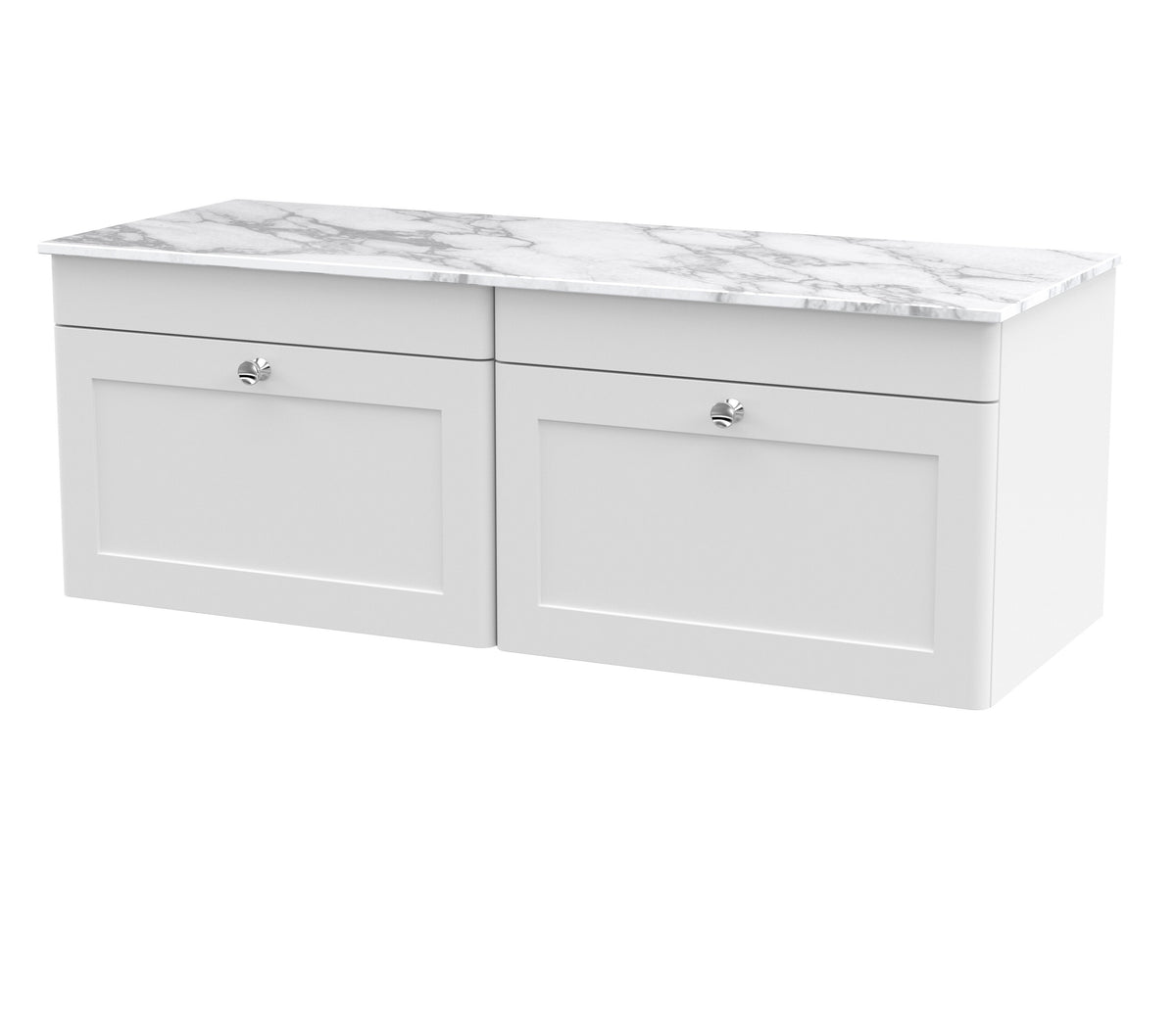 Modern Splash 1200mm Satin White 2 Drawer Wall Hung Vanity Unit With Carrara Marble Worktop