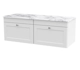 Modern Splash 1200mm Satin White 2 Drawer Wall Hung Vanity Unit With Carrara Marble Worktop