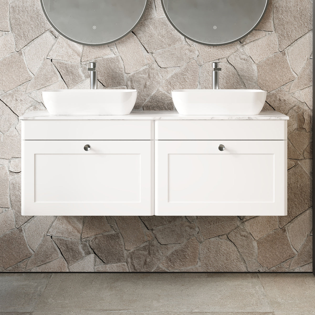Modern Splash 1200mm Satin White 2 Drawer Wall Hung Vanity Unit With Carrara Marble Worktop