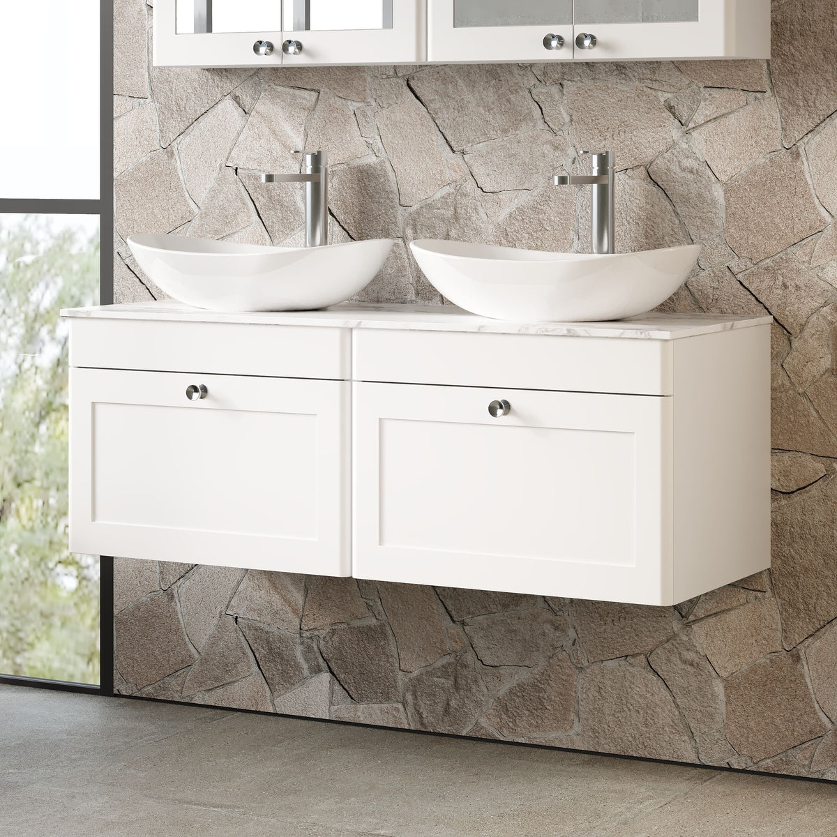Modern Splash 1200mm Satin White 2 Drawer Wall Hung Vanity Unit With Carrara Marble Worktop