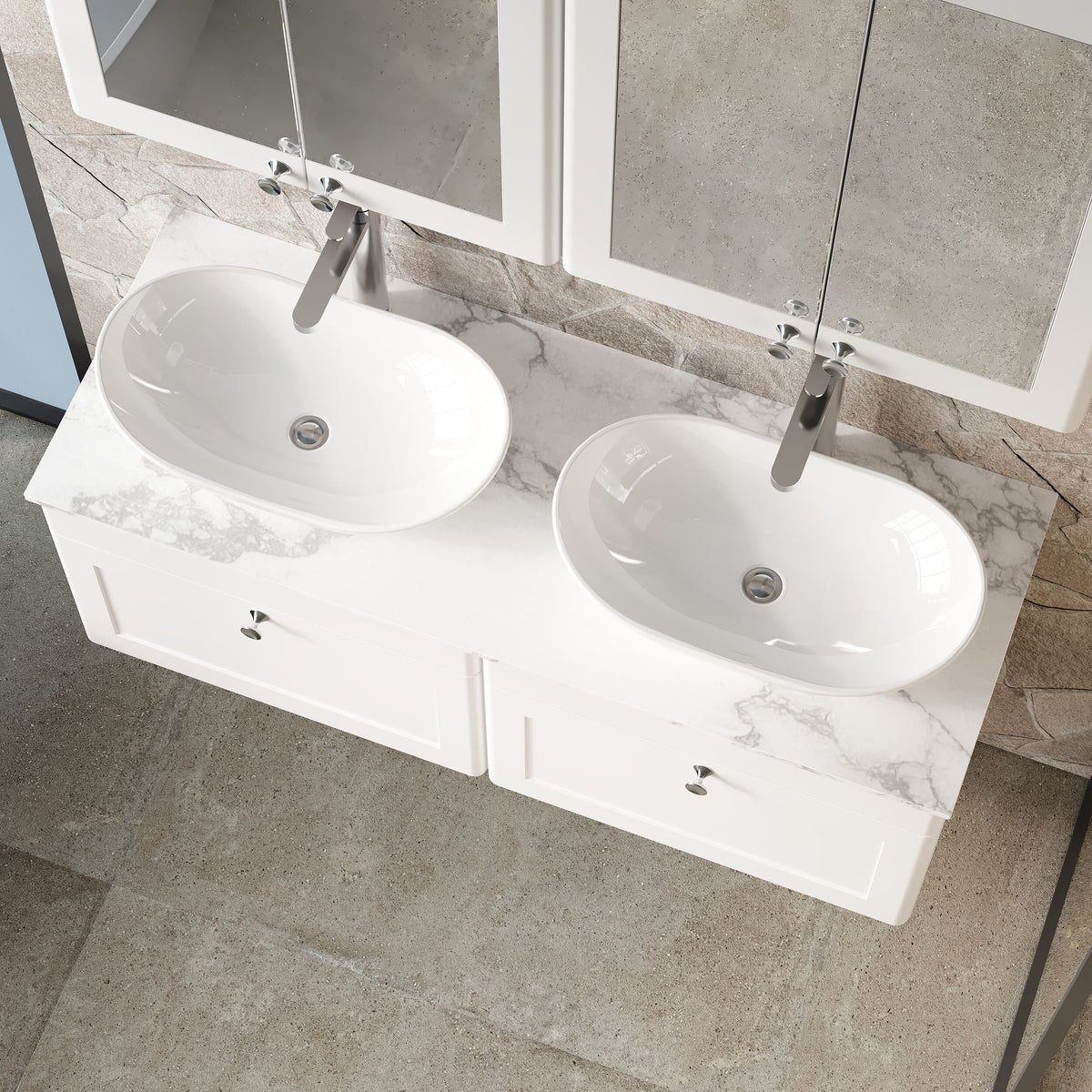 Modern Splash 1200mm Satin White 2 Drawer Wall Hung Vanity Unit With Carrara Marble Worktop
