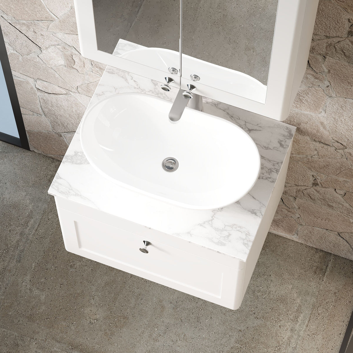 Modern Splash 600mm 1 Drawer Wall Hung Vanity With Carrara Marble Worktop Marble