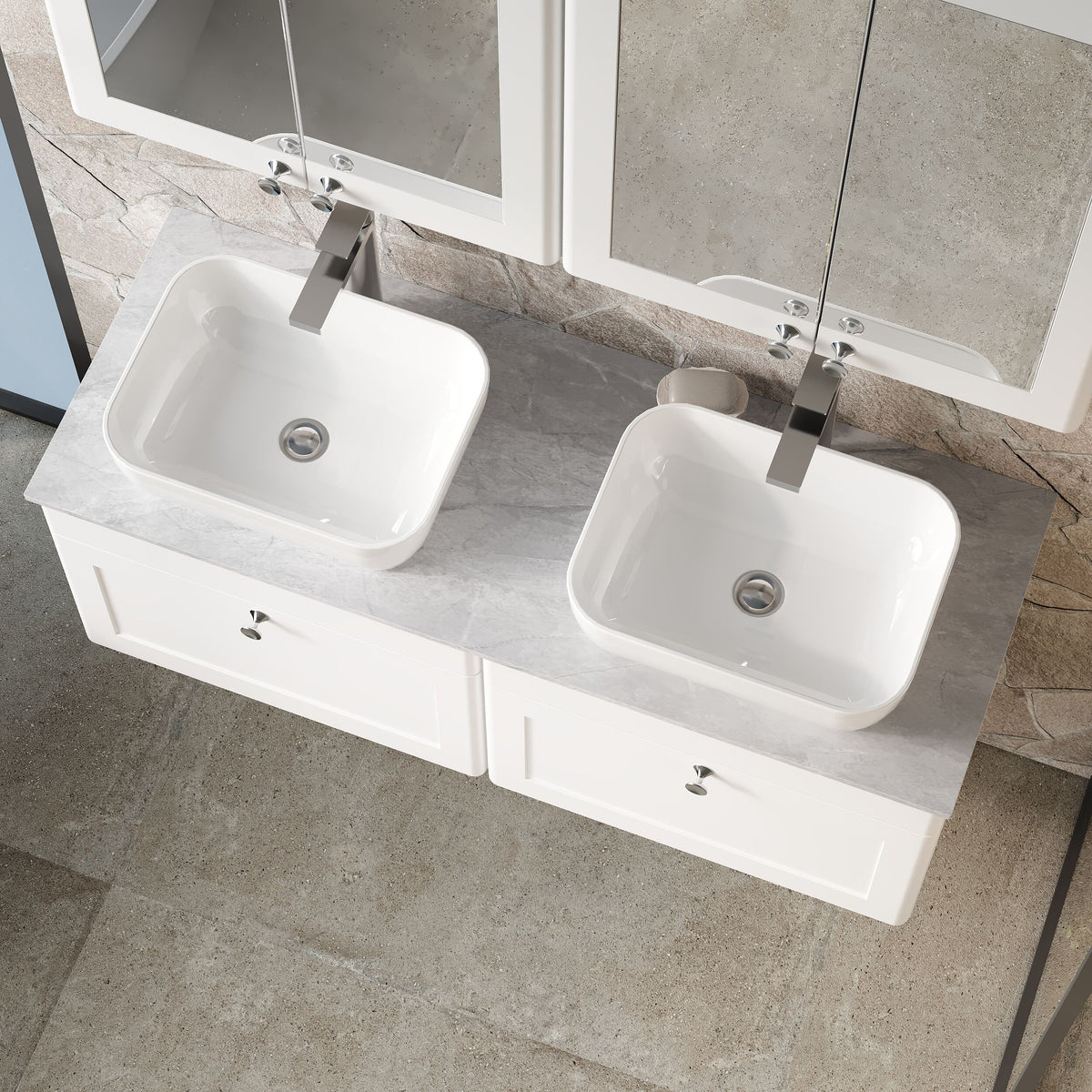 Modern Splash 1200mm Satin White 2 Drawer Wall Hung Vanity With Grey Marble Worktop
