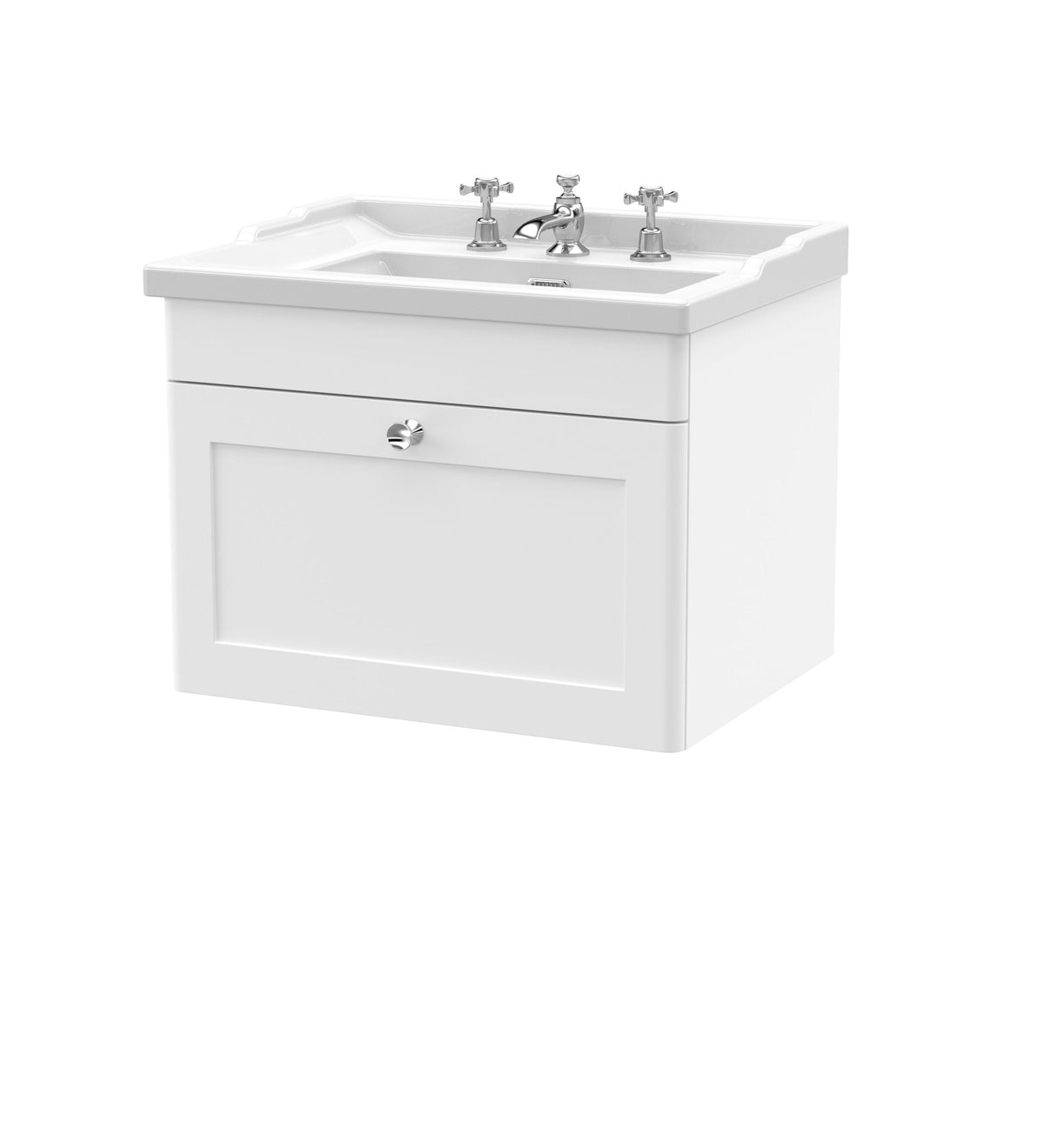 Modern Splash 600mm Satin White 1 Drawer Wall Hung Vanity Unit With 3 Tap Hole Basin