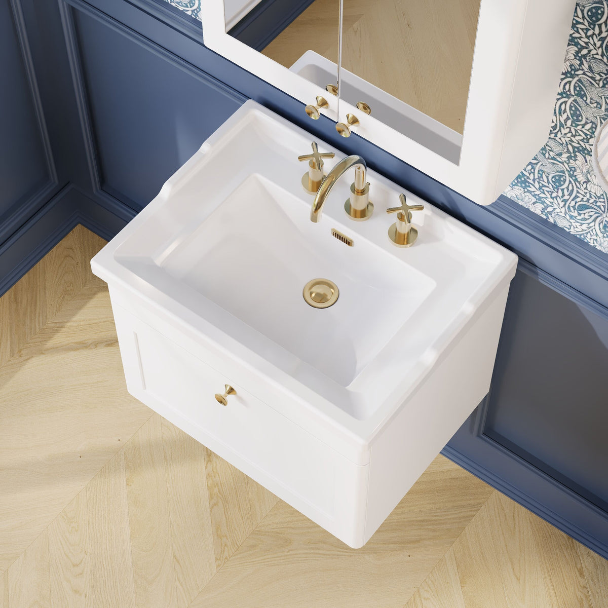 Modern Splash 600mm Satin White 1 Drawer Wall Hung Vanity Unit With 3 Tap Hole Basin