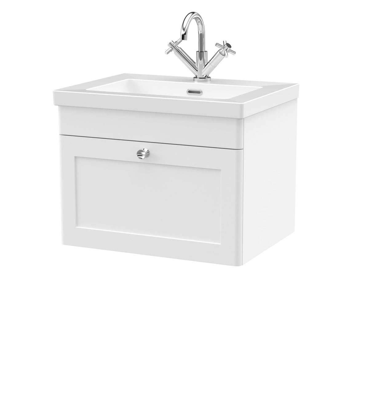 Modern Splash 600mm Satin White 1 Drawer Wall Hung Vanity Unit With 1 Tap Hole Fireclay Basin