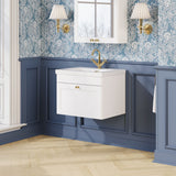 Modern Splash 600mm Satin White 1 Drawer Wall Hung Vanity Unit With 1 Tap Hole Fireclay Basin