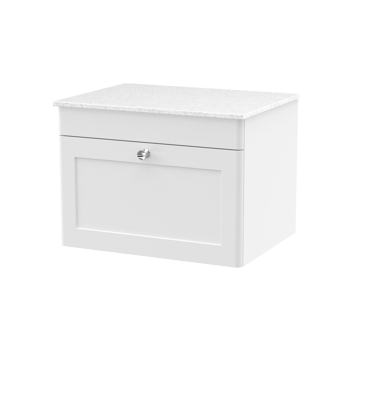 Modern Splash 600mm Satin White  1 Drawer Wall Hung Vanity Unit With White Marble Worktop